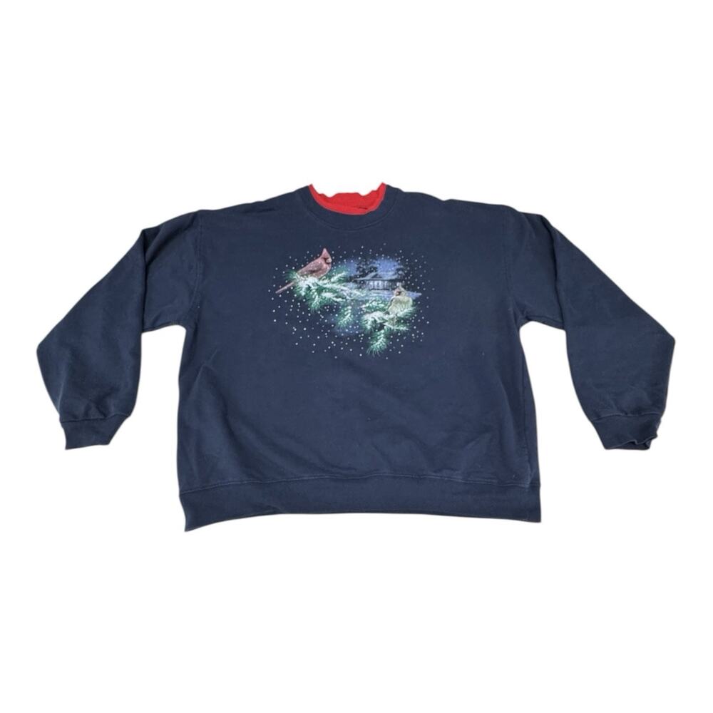 Vintage Pleasant Shade Navy Blue L Cardinal Couples Winter Cabin Xmas Sweatshirt